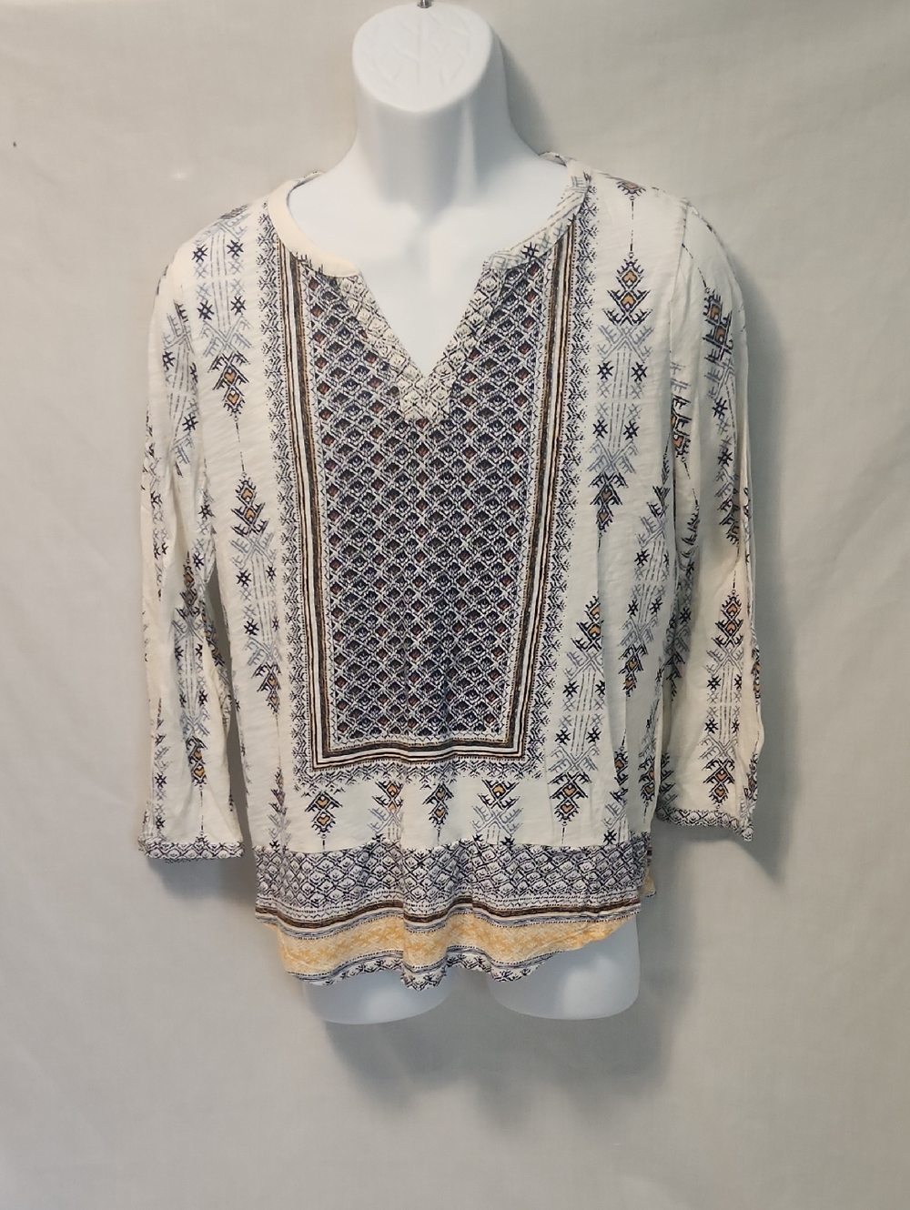 Lucky Brand White Embroidered Split-Neck Tunic with Navy & Gold Accents